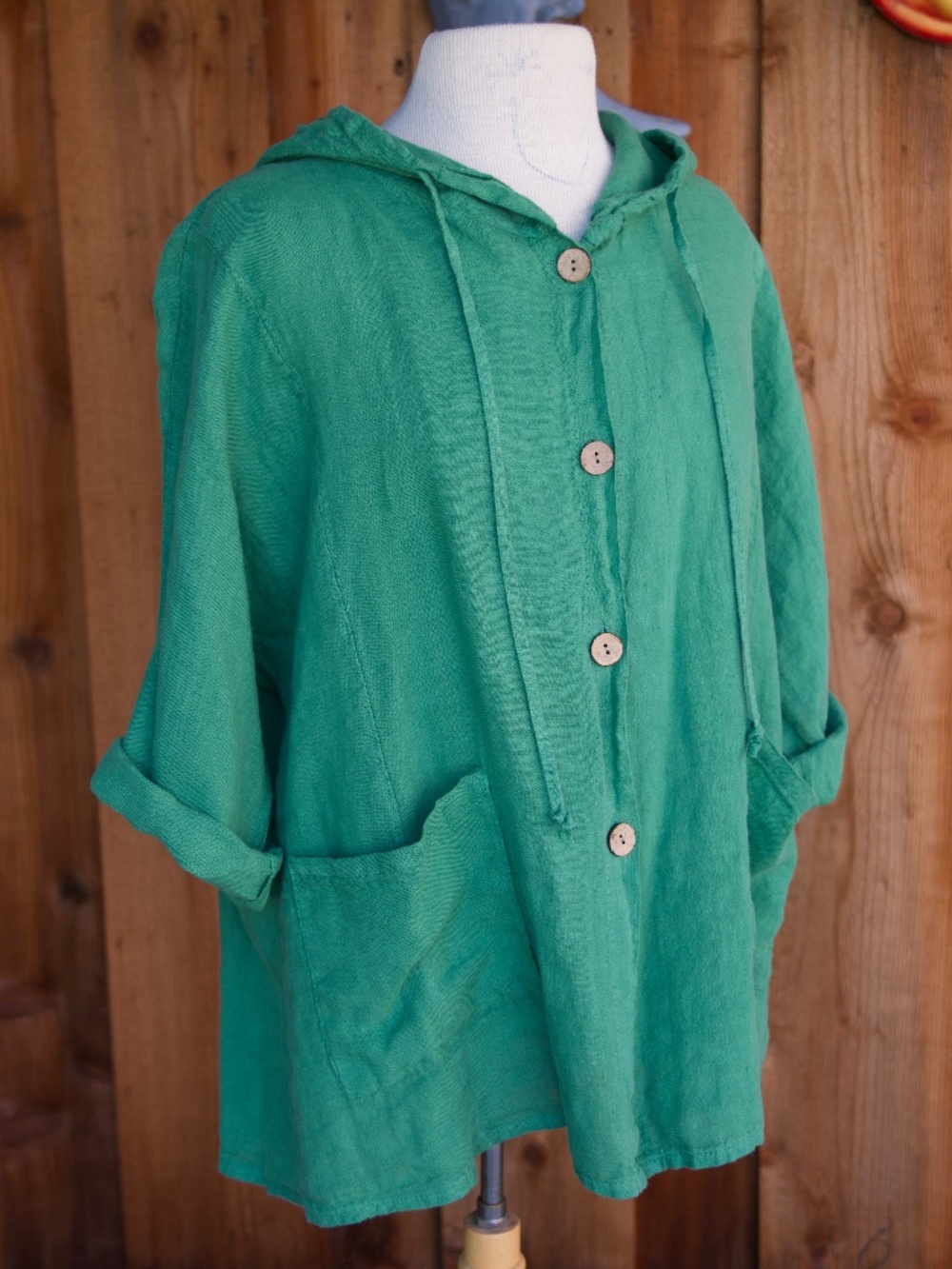 M Made In Italy 100% Linen Kelly Green Hooded Woven Cardigan Woman's L